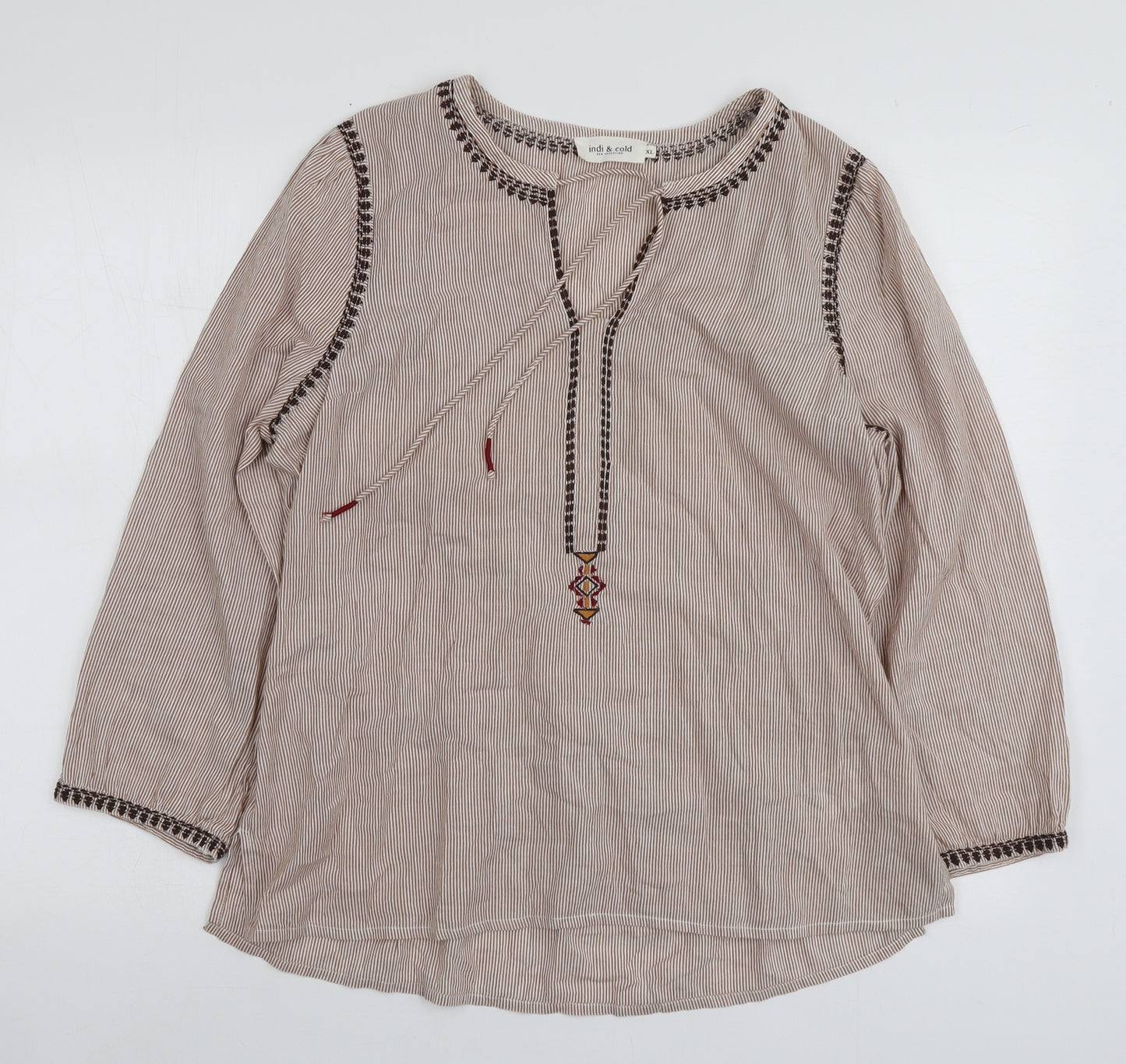 Indi&Cold Womens Brown Striped Cotton Basic Blouse Size XL V-Neck