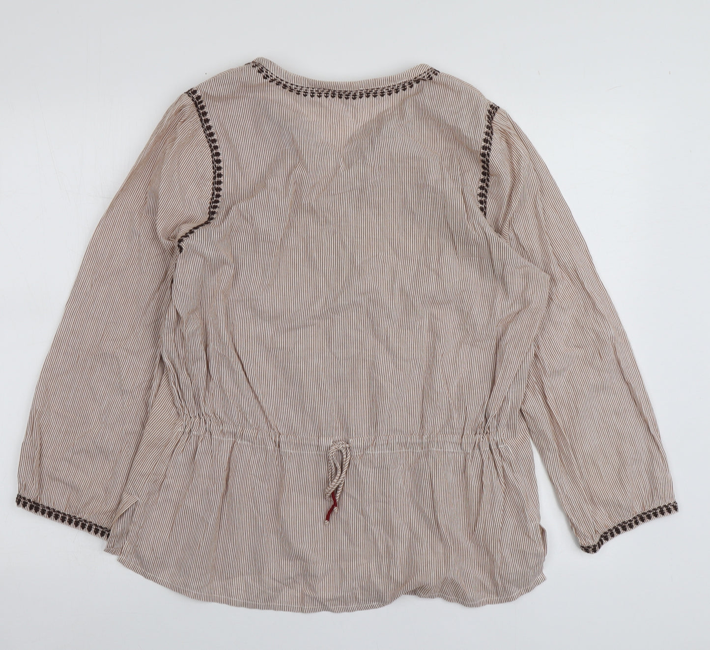 Indi&Cold Womens Brown Striped Cotton Basic Blouse Size XL V-Neck