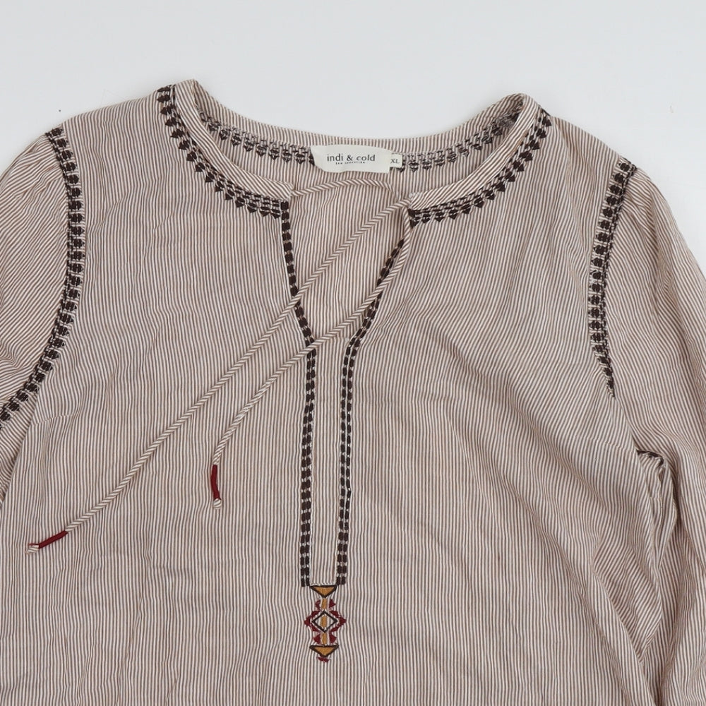 Indi&Cold Womens Brown Striped Cotton Basic Blouse Size XL V-Neck
