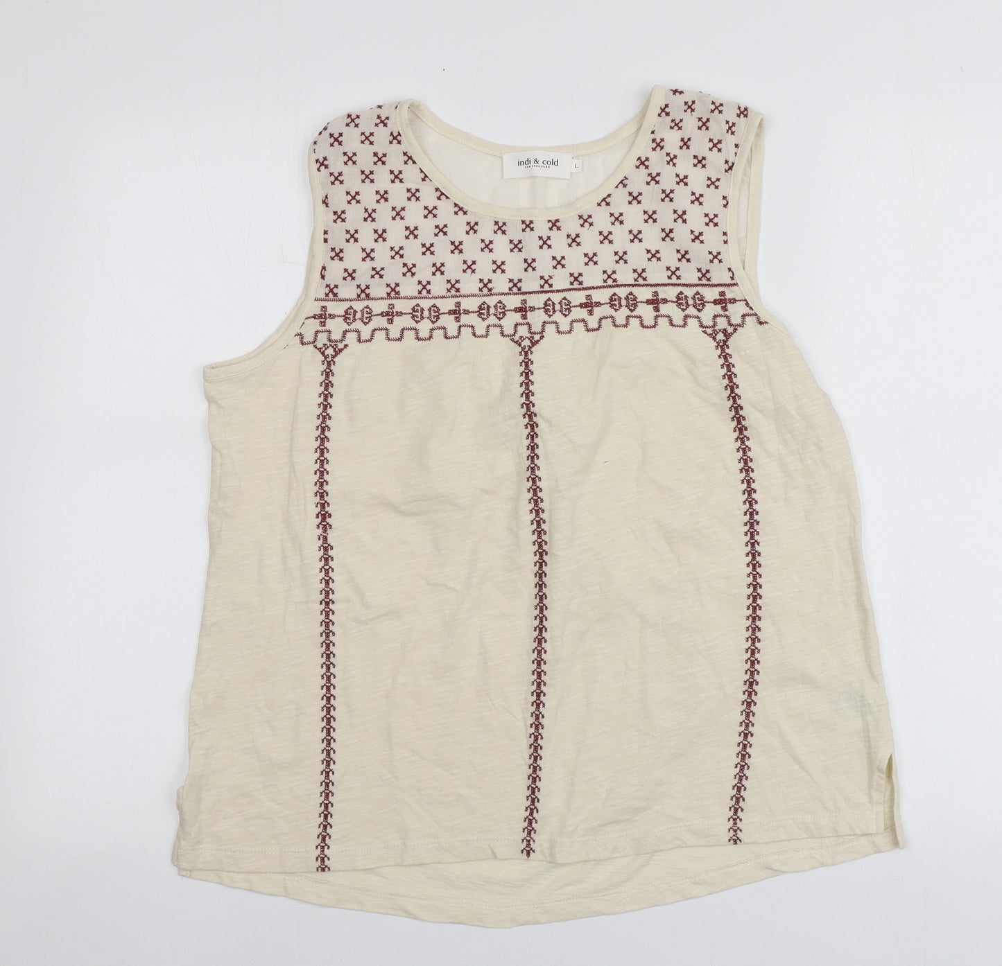 Indi&Cold Womens Beige Geometric Cotton Basic T-Shirt Size L Round Neck