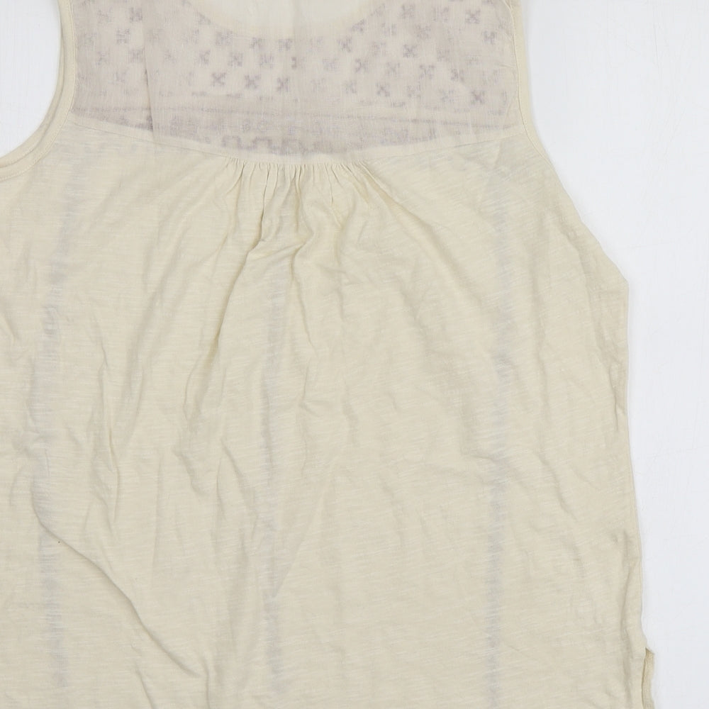 Indi&Cold Womens Beige Geometric Cotton Basic T-Shirt Size L Round Neck