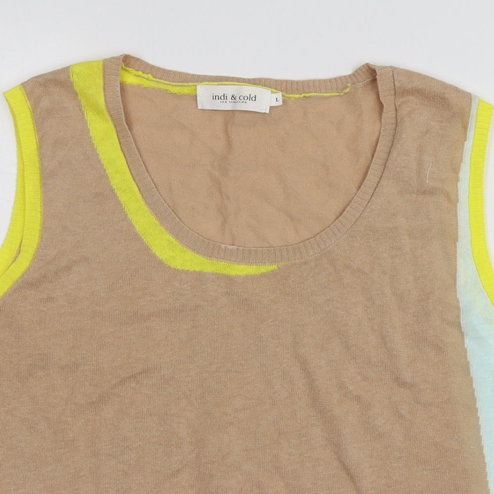 Indi&Cold Womens Beige Round Neck  Ramie Vest Jumper Size L