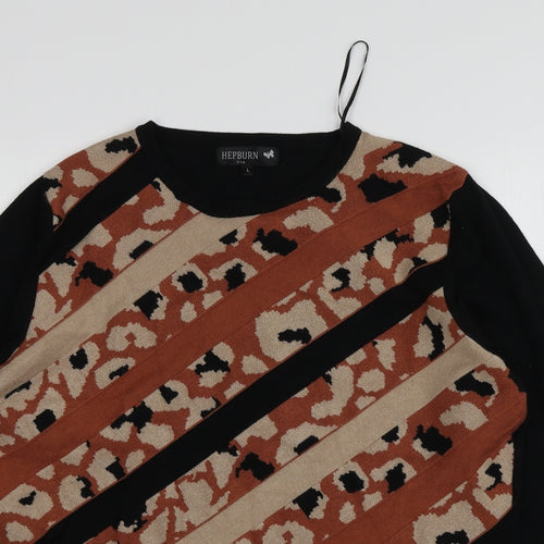 Hepburn Womens Black Round Neck Animal Print Viscose Pullover Jumper Size L