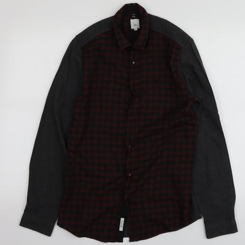 River Island Mens Grey Check Polyester  Button-Up Size S Collared