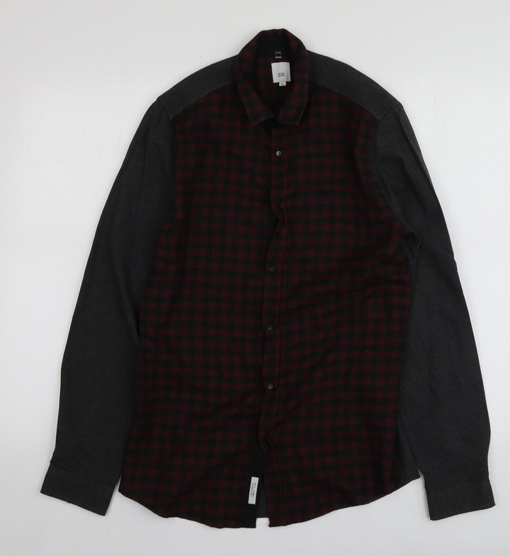 River Island Mens Grey Check Polyester  Button-Up Size S Collared