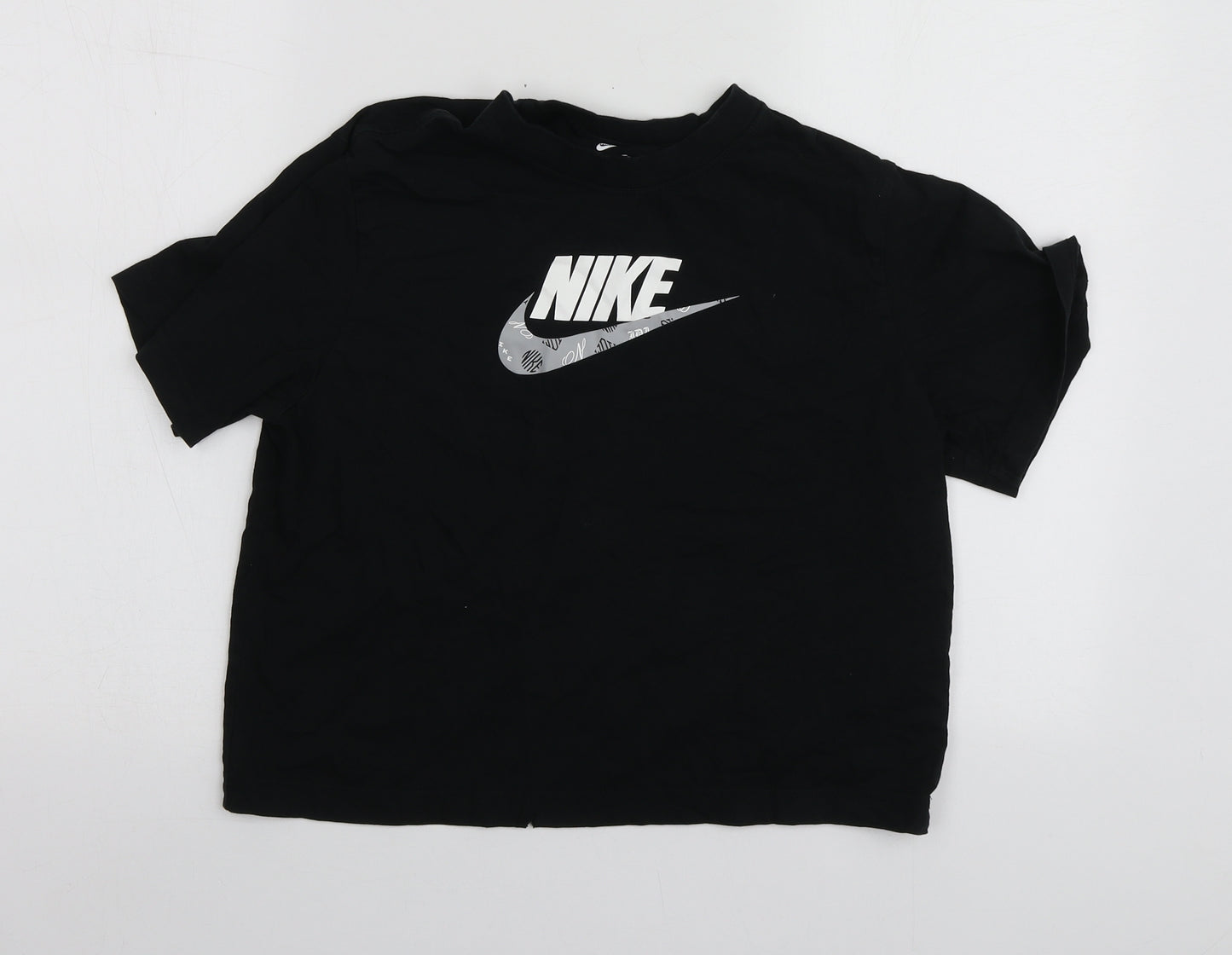 Nike Girls Black Geometric Cotton Basic T-Shirt Size 11-12 Years Round Neck