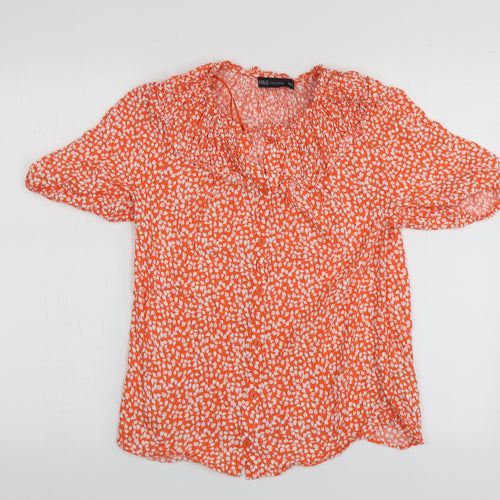 M&S Womens Orange Geometric Viscose Basic Button-Up Size 6 Round Neck