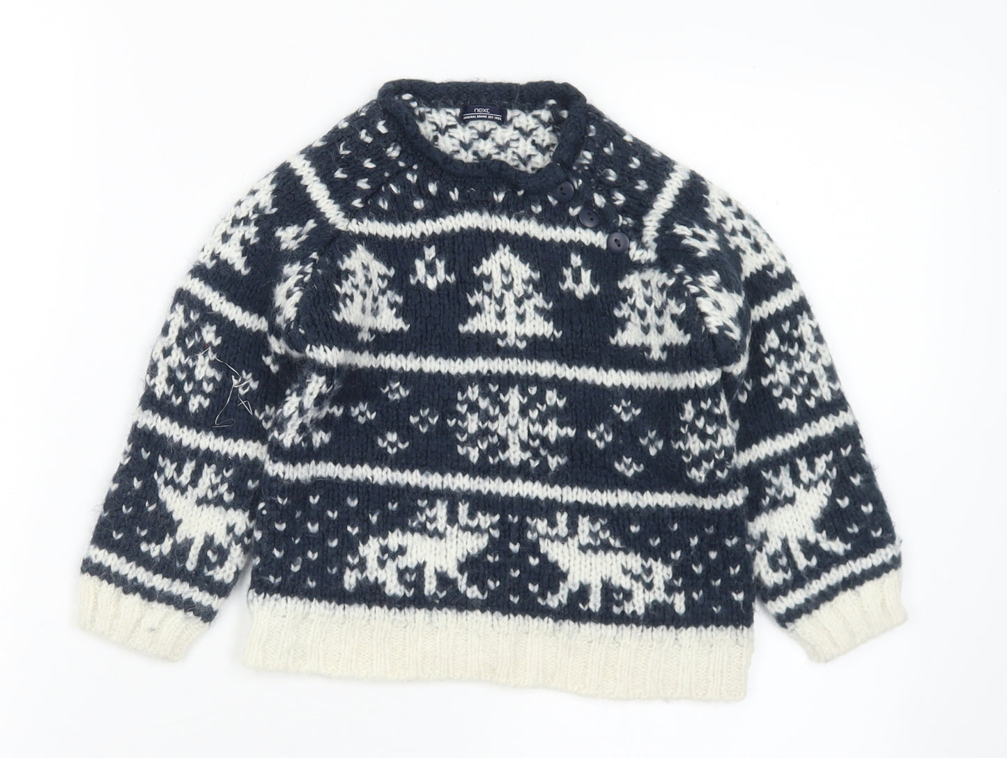NEXT Boys Blue Round Neck Geometric Acrylic Pullover Jumper Size 3-4 Years  Button - Christmas