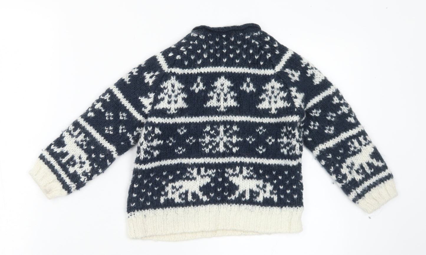NEXT Boys Blue Round Neck Geometric Acrylic Pullover Jumper Size 3-4 Years  Button - Christmas