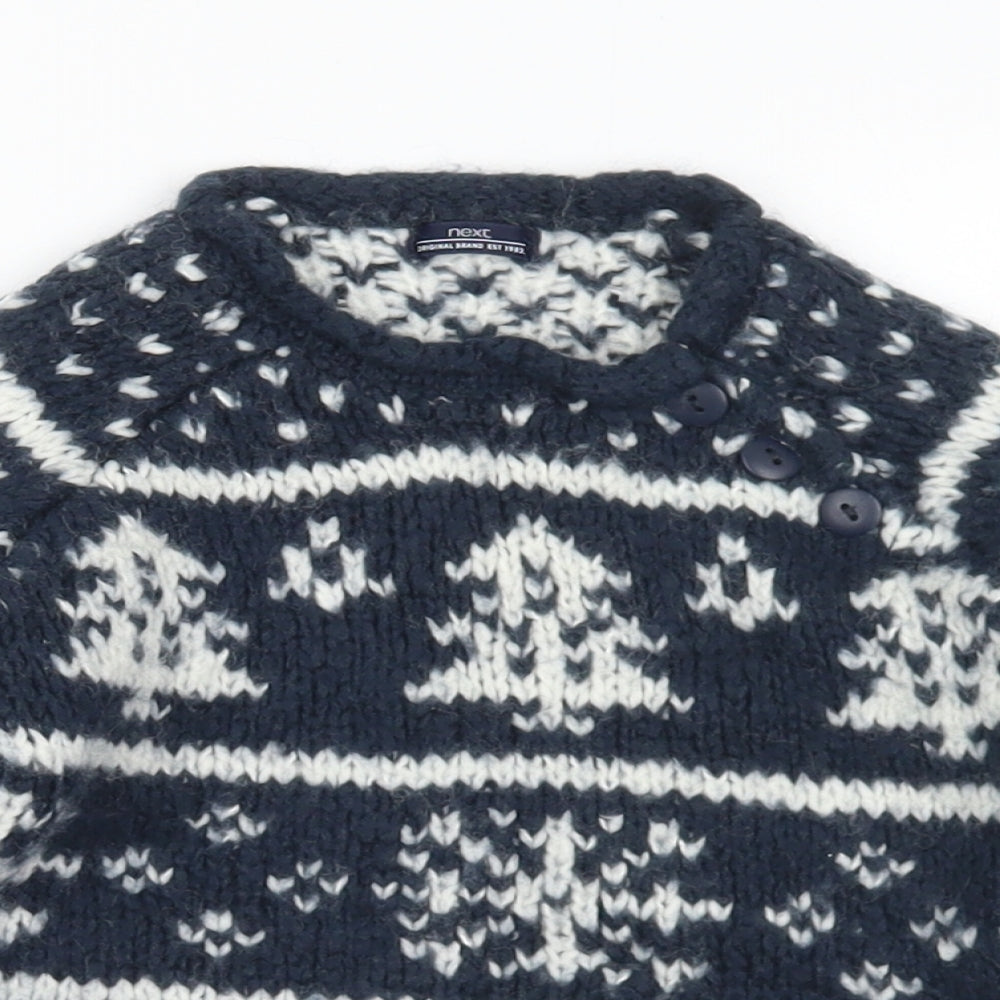 NEXT Boys Blue Round Neck Geometric Acrylic Pullover Jumper Size 3-4 Years  Button - Christmas