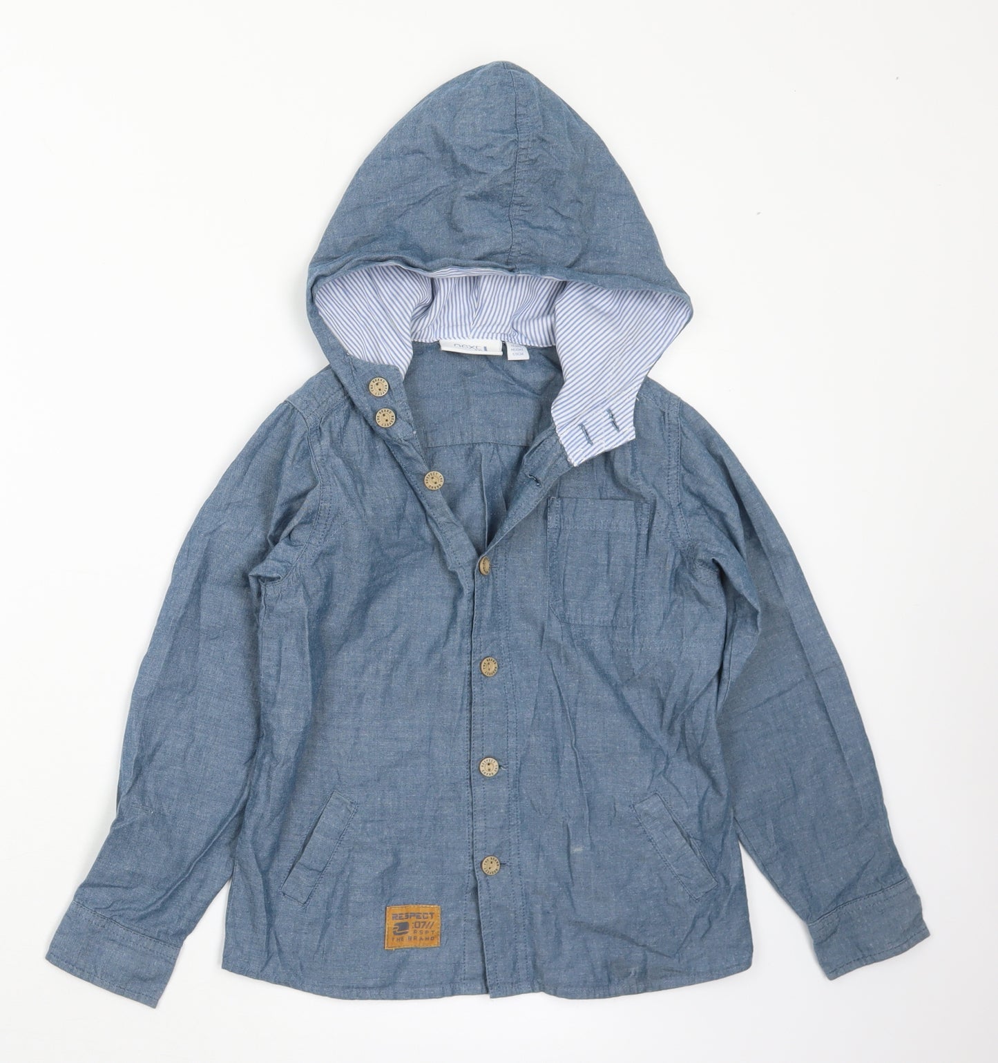 NEXT Boys Blue Striped Cotton Basic Button-Up Size 7-8 Years V-Neck Button
