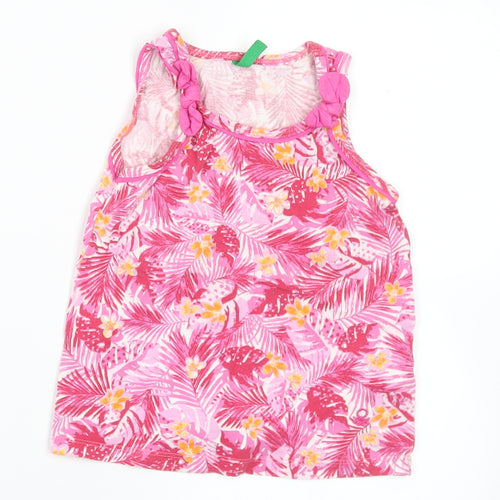 United Colors of Benetton Girls Pink Floral Cotton Basic Tank Size 2 Years Round Neck