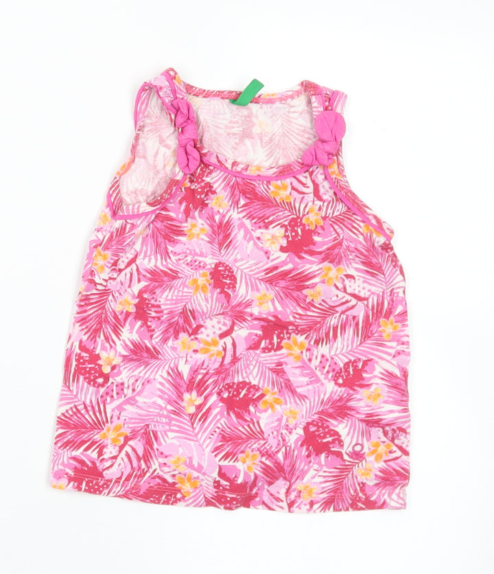 United Colors of Benetton Girls Pink Floral Cotton Basic Tank Size 2 Years Round Neck