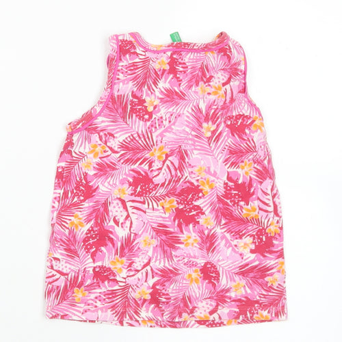 United Colors of Benetton Girls Pink Floral Cotton Basic Tank Size 2 Years Round Neck