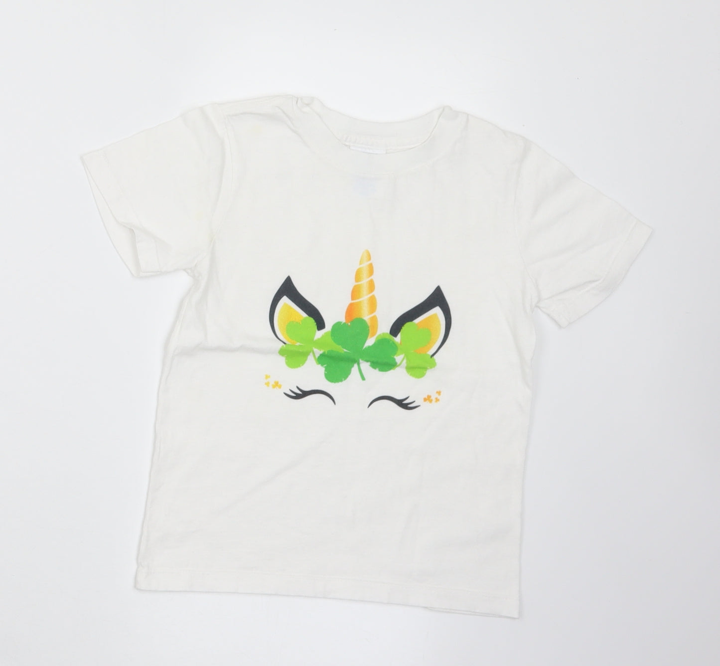 Port & Company Girls White  Cotton Basic T-Shirt Size 4 Years Crew Neck  - Unicorn