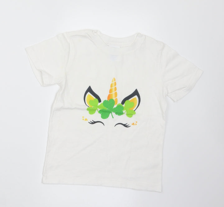 Port & Company Girls White Cotton Basic T-Shirt Size 4 Years Crew Neck - Unicorn