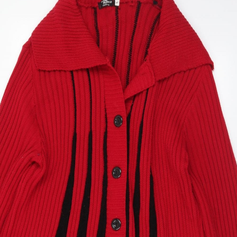 TOO TRUE Womens Red Collared Striped Acrylic Cardigan Jumper Size L