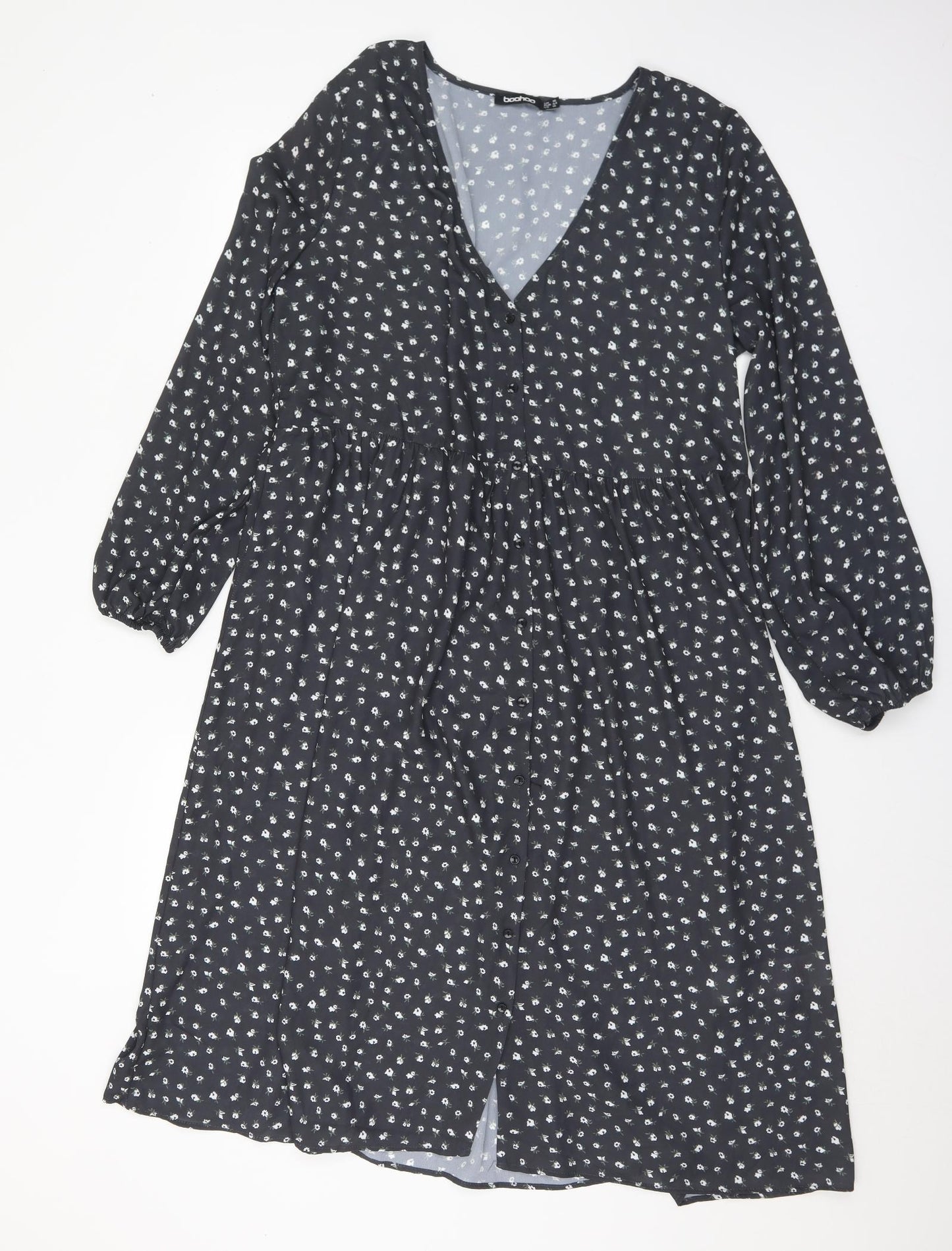Boohoo Womens Black Floral Polyester A-Line  Size 16  V-Neck