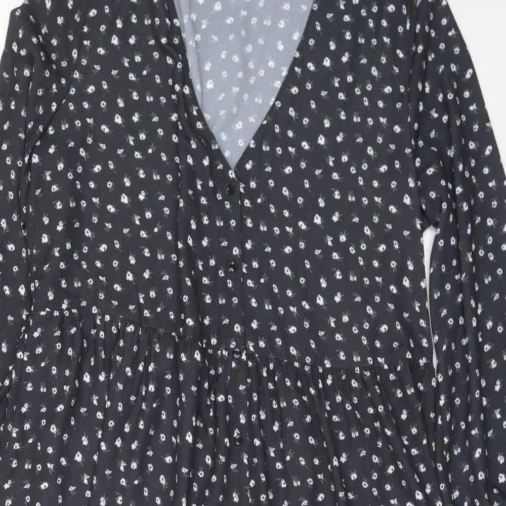 Boohoo Womens Black Floral Polyester A-Line  Size 16  V-Neck