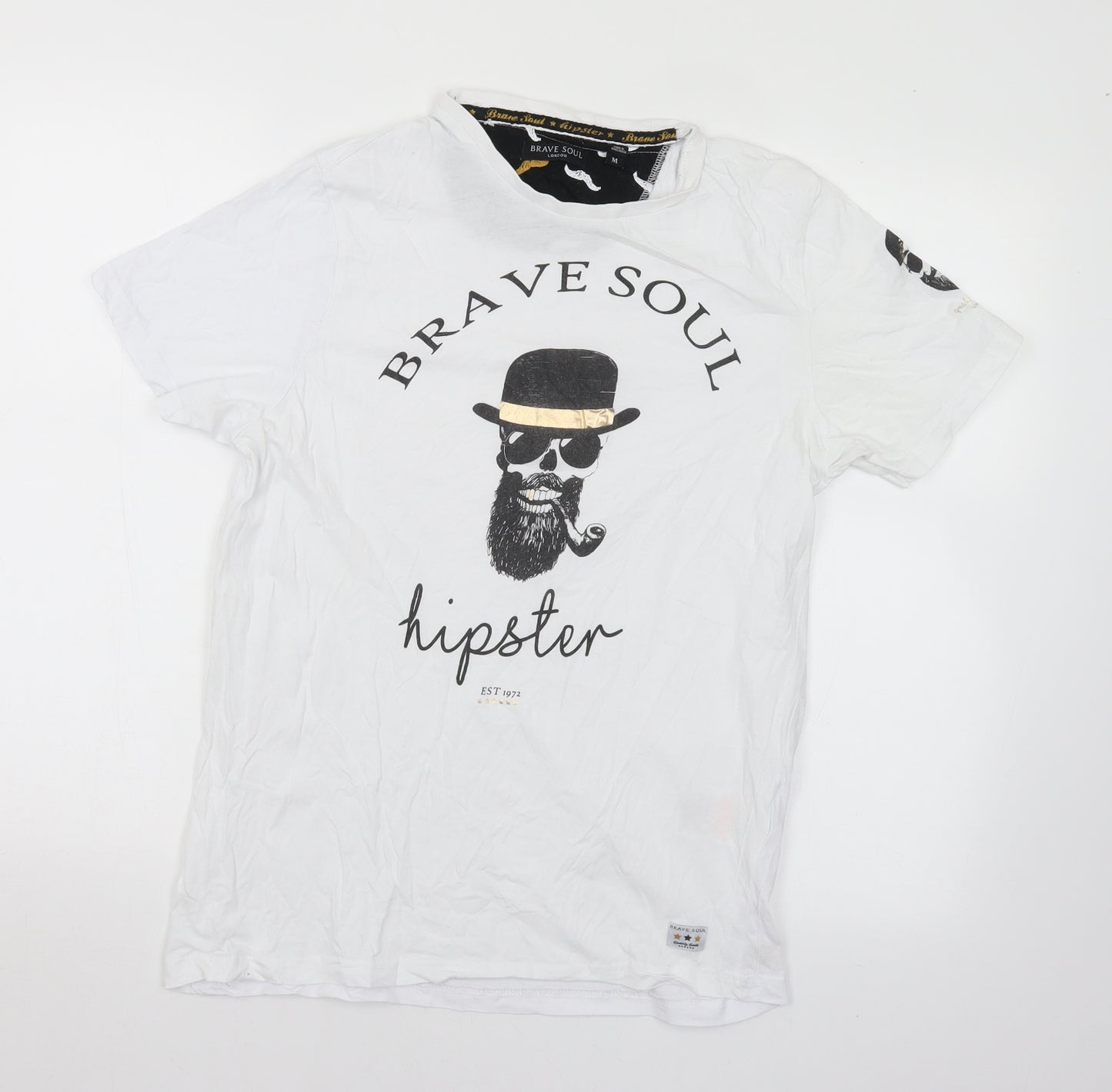 Brave Soul Mens White  Cotton  T-Shirt Size M Crew Neck