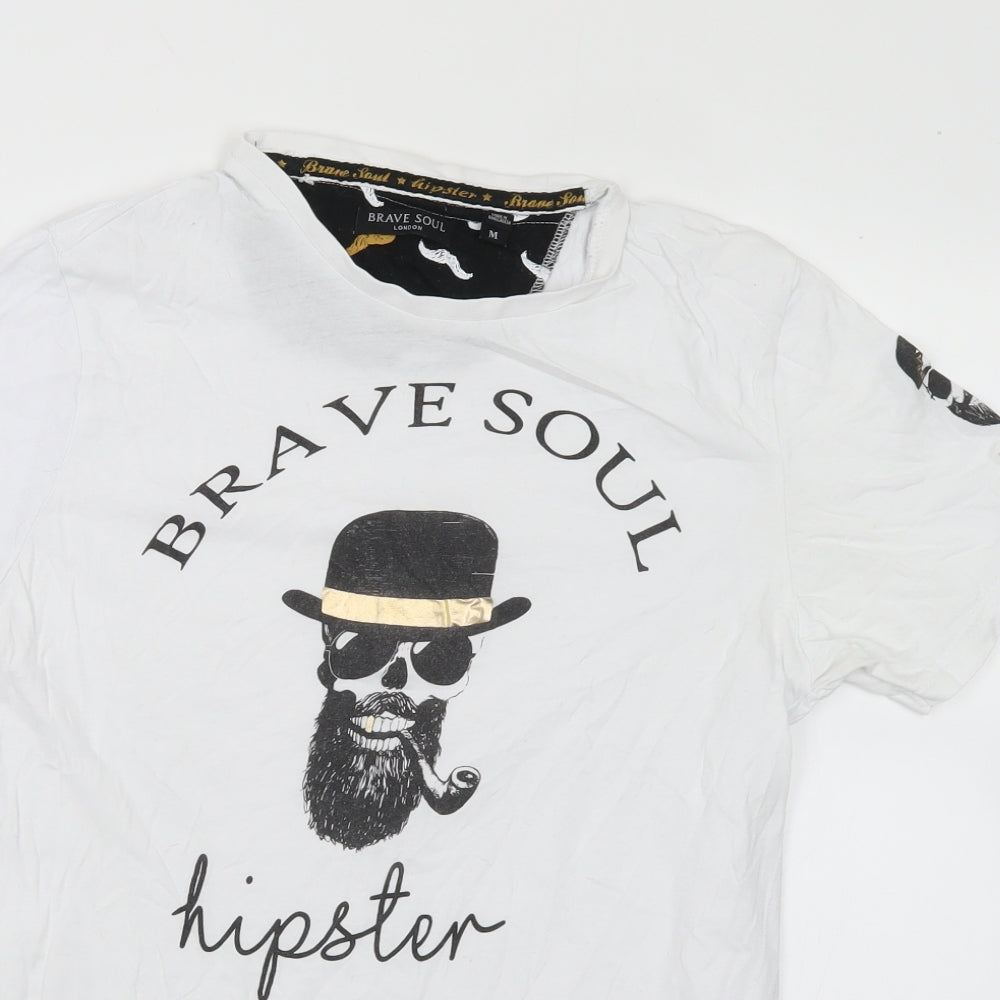 Brave Soul Mens White  Cotton  T-Shirt Size M Crew Neck