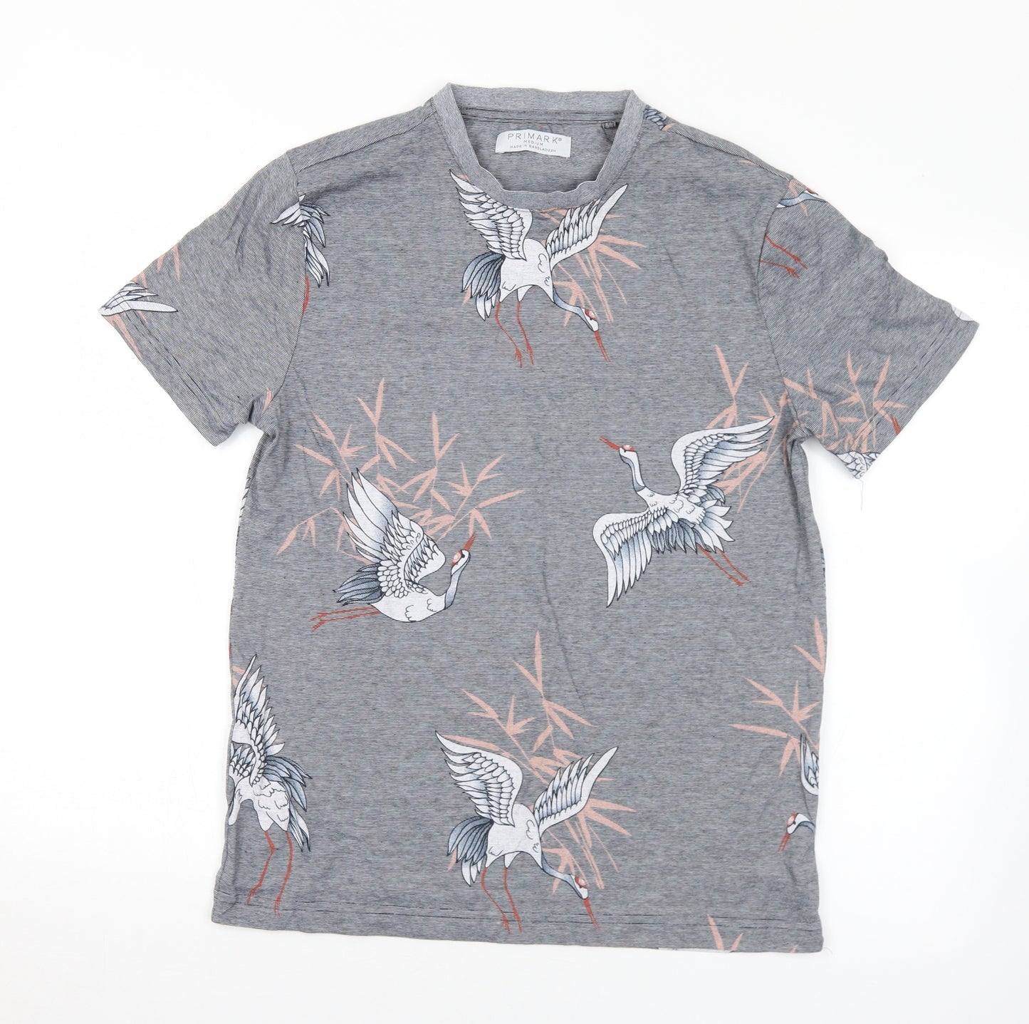 Primark Mens Grey Geometric Cotton  T-Shirt Size M Crew Neck