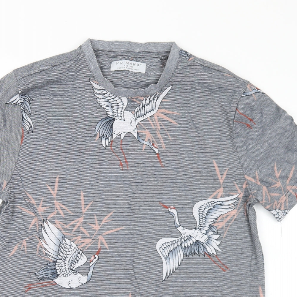 Primark Mens Grey Geometric Cotton  T-Shirt Size M Crew Neck