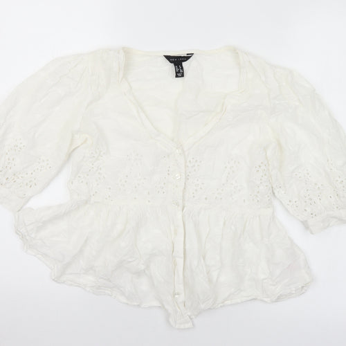 New Look Womens White  Cotton Basic Blouse Size 10 V-Neck