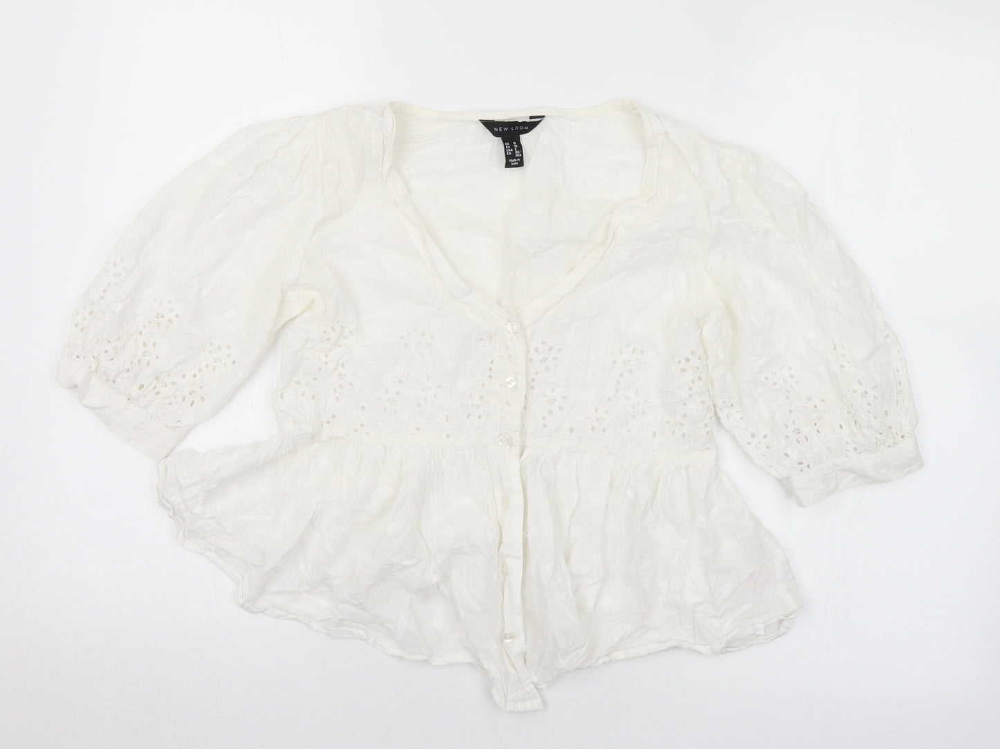 New Look Womens White  Cotton Basic Blouse Size 10 V-Neck