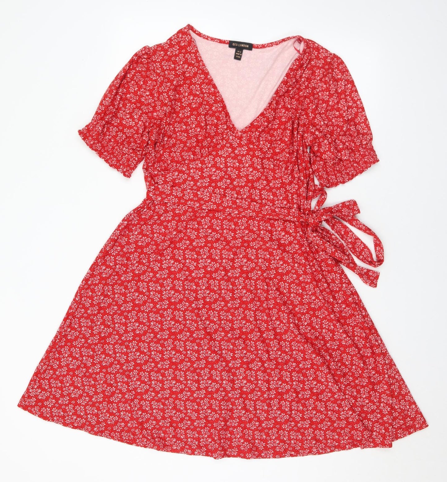QED London Womens Red Floral Polyester Skater Dress  Size 12  V-Neck