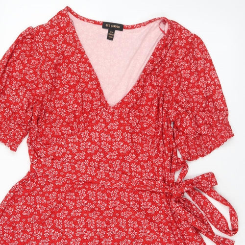 QED London Womens Red Floral Polyester Skater Dress  Size 12  V-Neck