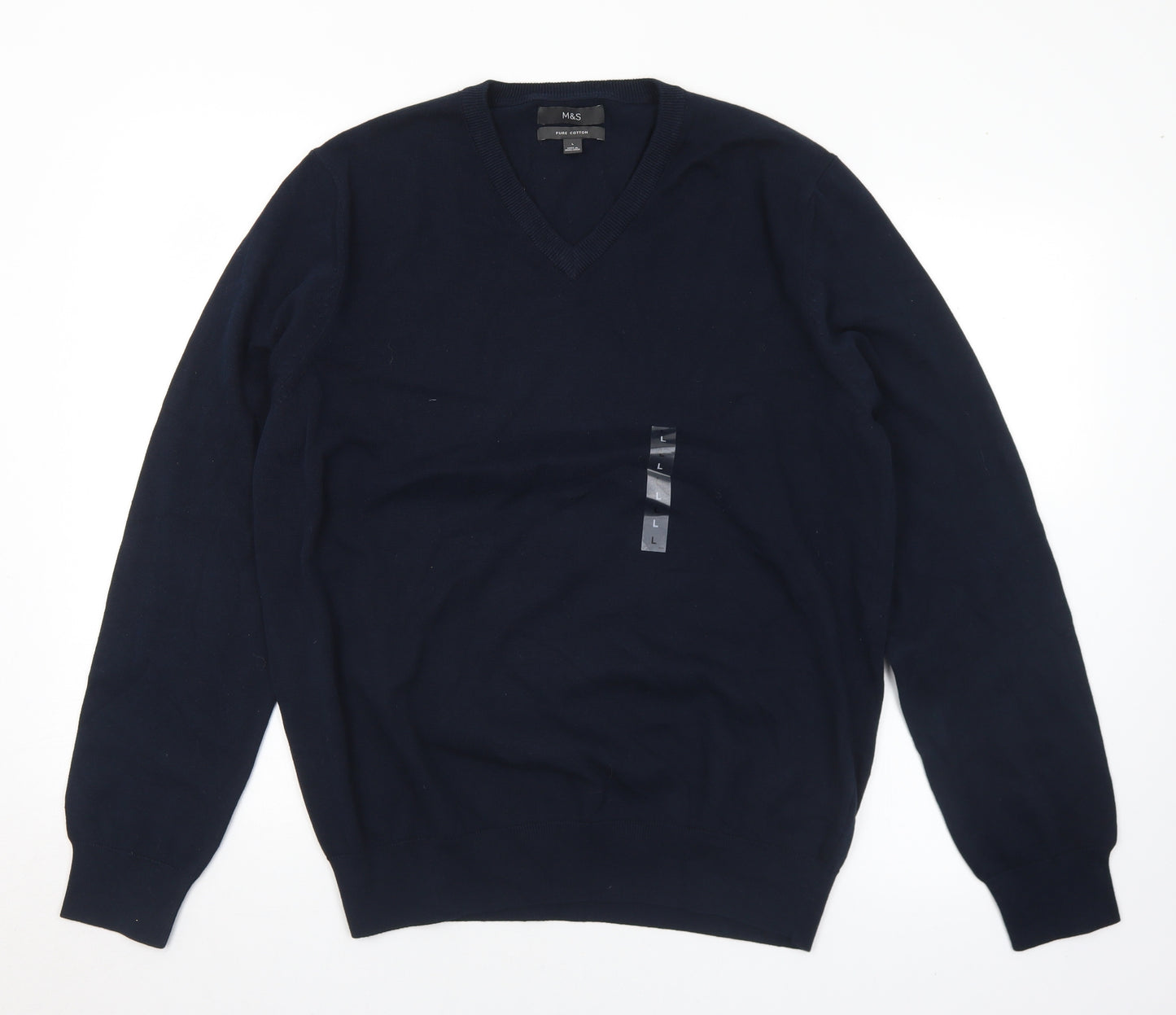 Marks and Spencer Mens Blue V-Neck  Cotton Pullover Jumper Size L