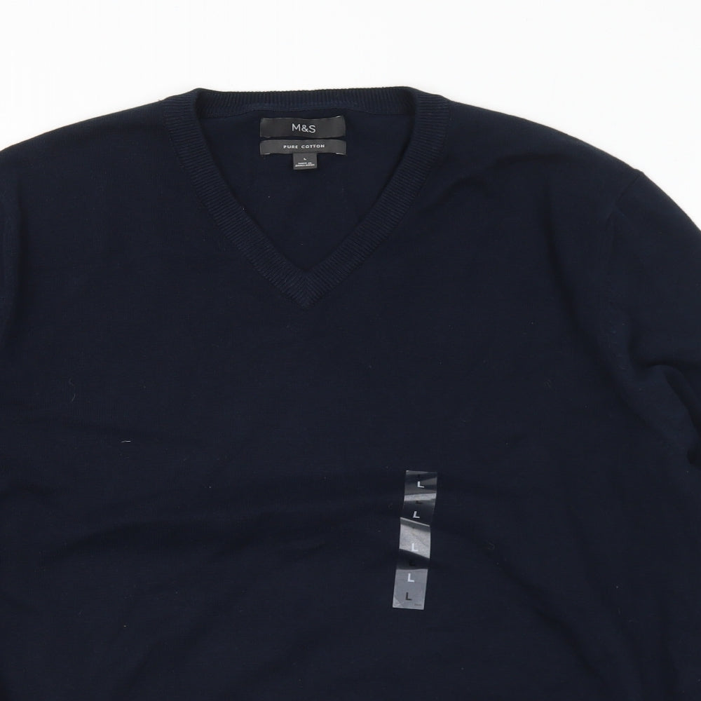 Marks and Spencer Mens Blue V-Neck  Cotton Pullover Jumper Size L