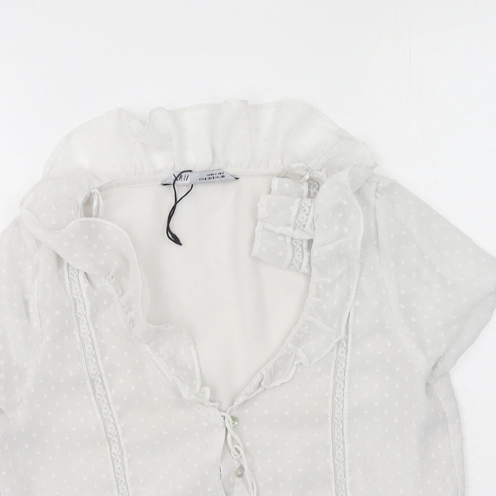 Zara Womens Ivory  Polyester Basic Button-Up Size S V-Neck