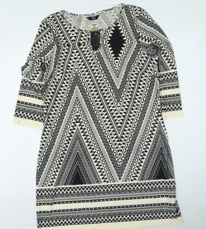 F&F Womens Ivory Geometric Polyester Shirt Dress Size 14 Round Neck