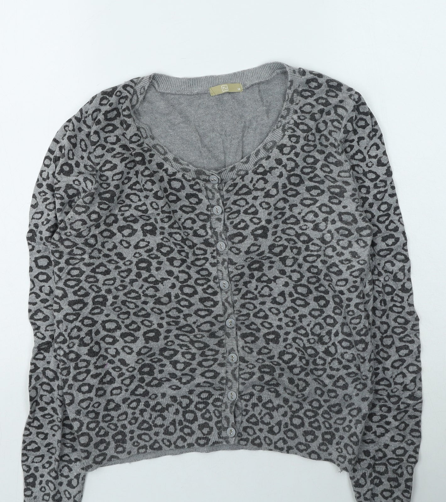 TU Womens Grey Round Neck Animal Print Polyamide Cardigan Jumper Size 14