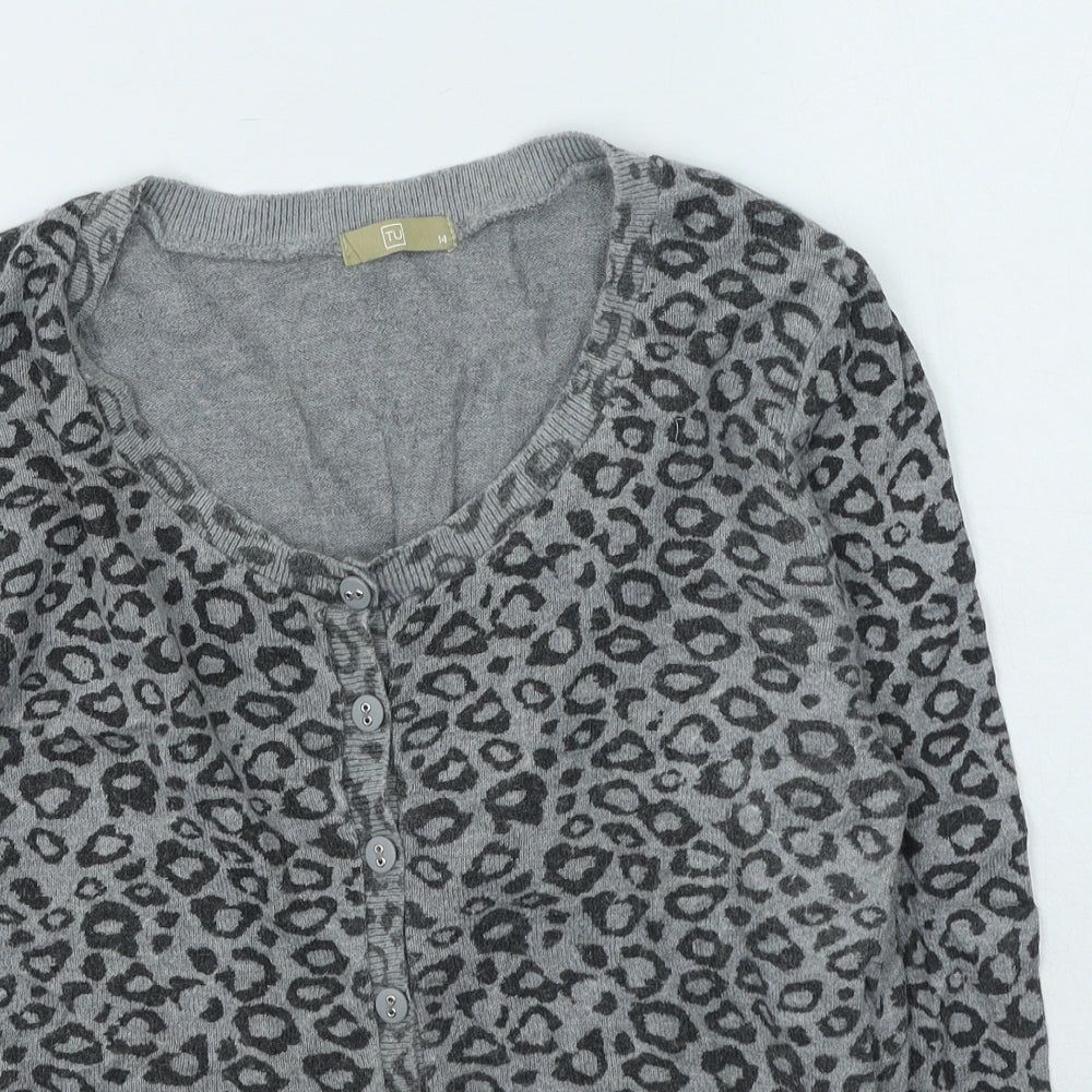 TU Womens Grey Round Neck Animal Print Polyamide Cardigan Jumper Size 14