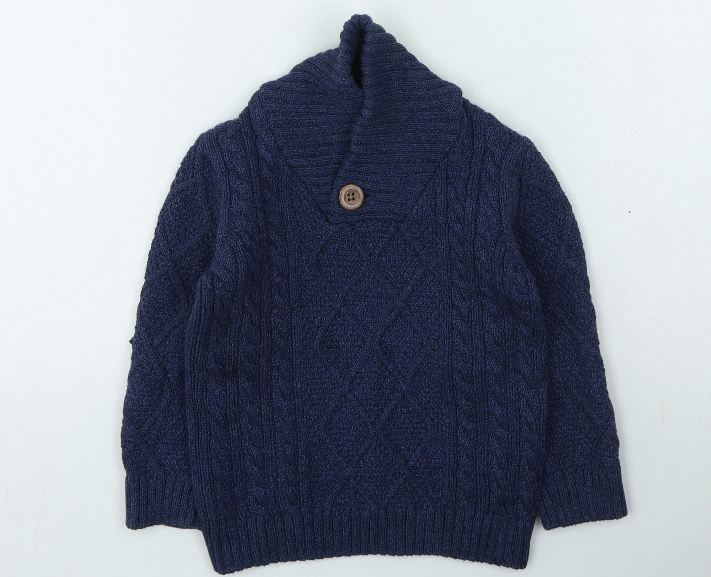 Marks and Spencer Boys Blue High Neck Cotton Pullover Jumper Size 2-3 Years