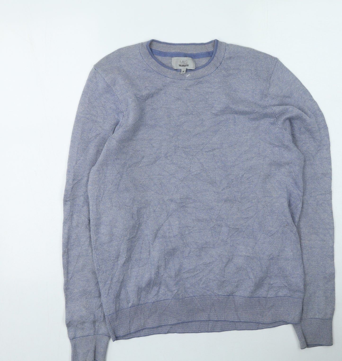 Marks and Spencer Mens Blue Round Neck Cotton Pullover Jumper Size M