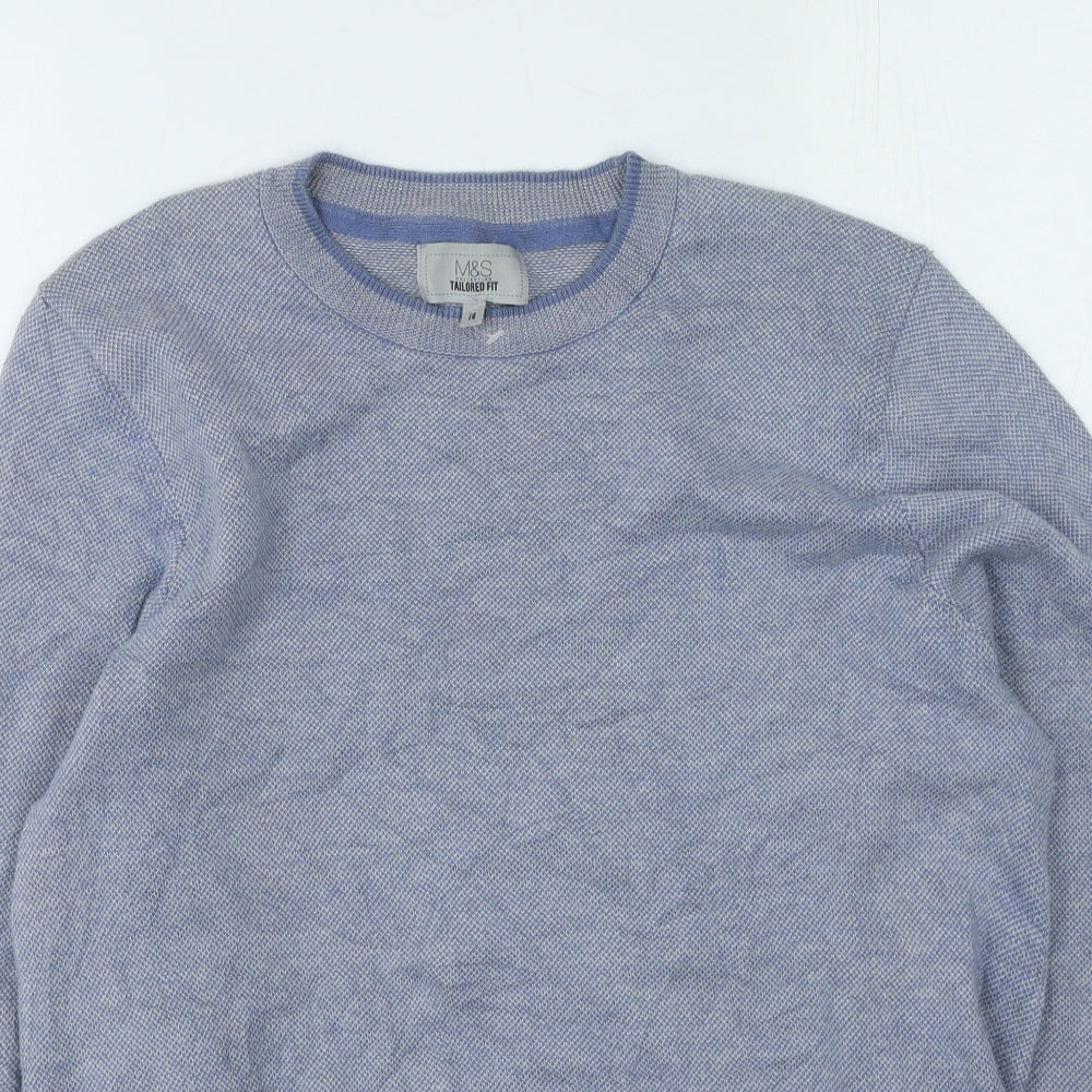 Marks and Spencer Mens Blue Round Neck Cotton Pullover Jumper Size M