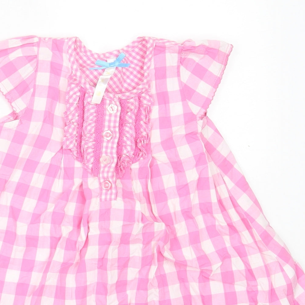 Dunnes Stores Girls Pink Plaid Cotton A-Line  Size 18-24 Months  Crew Neck Button