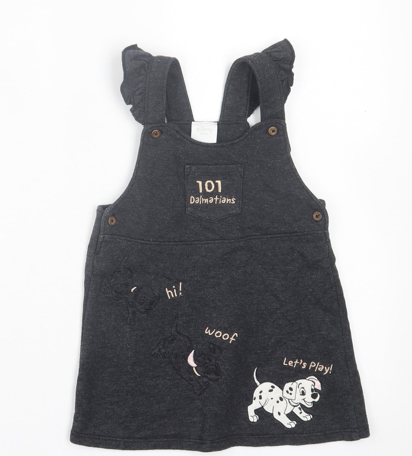 F&F Girls Grey  Cotton Pinafore/Dungaree Dress  Size 12-18 Months  Square Neck Button - 101 Dalmatians