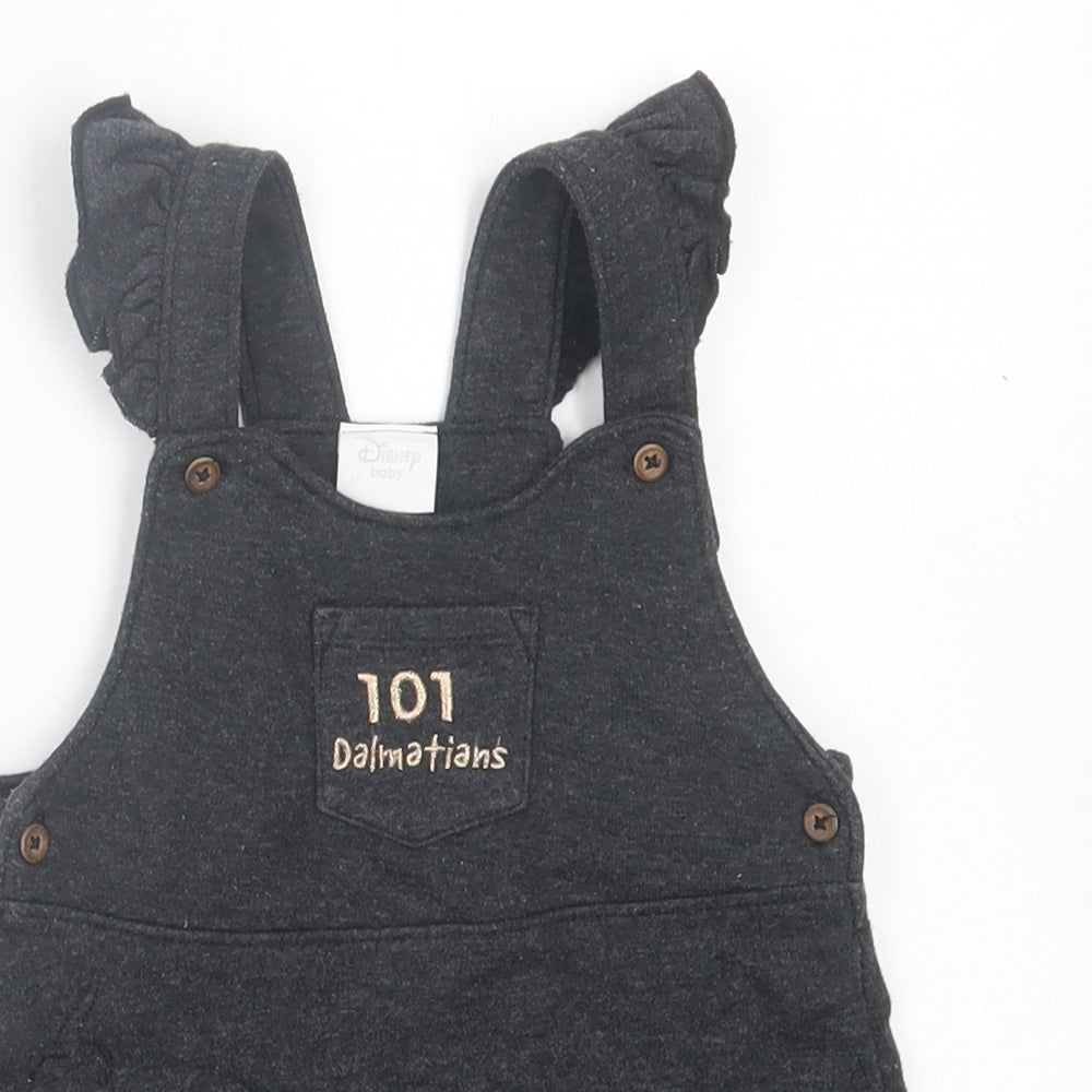 F&F Girls Grey  Cotton Pinafore/Dungaree Dress  Size 12-18 Months  Square Neck Button - 101 Dalmatians
