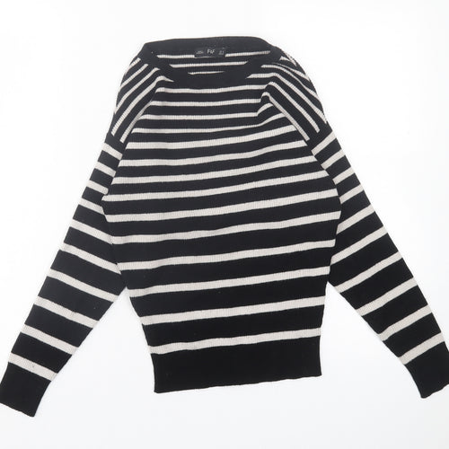 F&F Womens Black Crew Neck Striped Polyester Pullover Jumper Size 6
