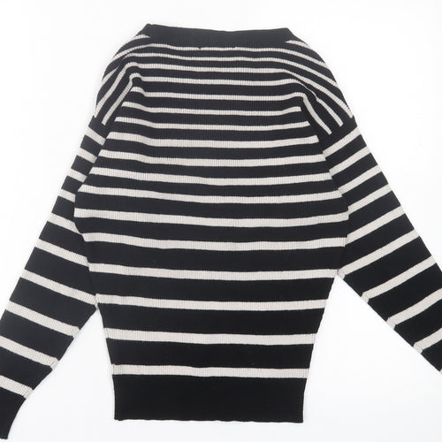 F&F Womens Black Crew Neck Striped Polyester Pullover Jumper Size 6