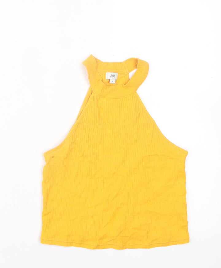 River Island Womens Yellow  Cotton Cropped Tank Size 8 Crew Neck