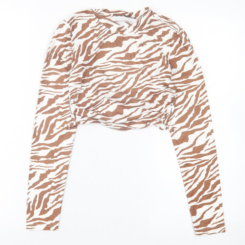 SheIn Womens Brown Animal Print Polyester Cropped T-Shirt Size XS High Neck
