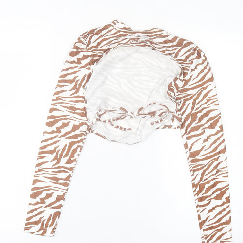 SheIn Womens Brown Animal Print Polyester Cropped T-Shirt Size XS High Neck