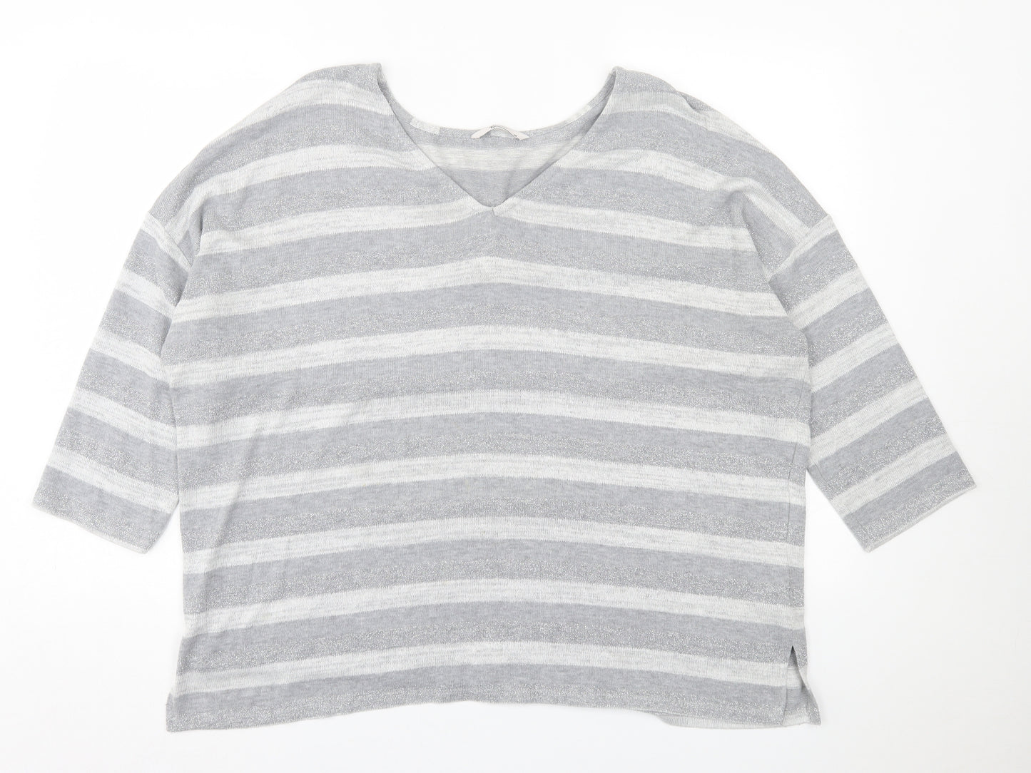 TU Womens Grey Striped Polyester Basic T-Shirt Size 18 V-Neck