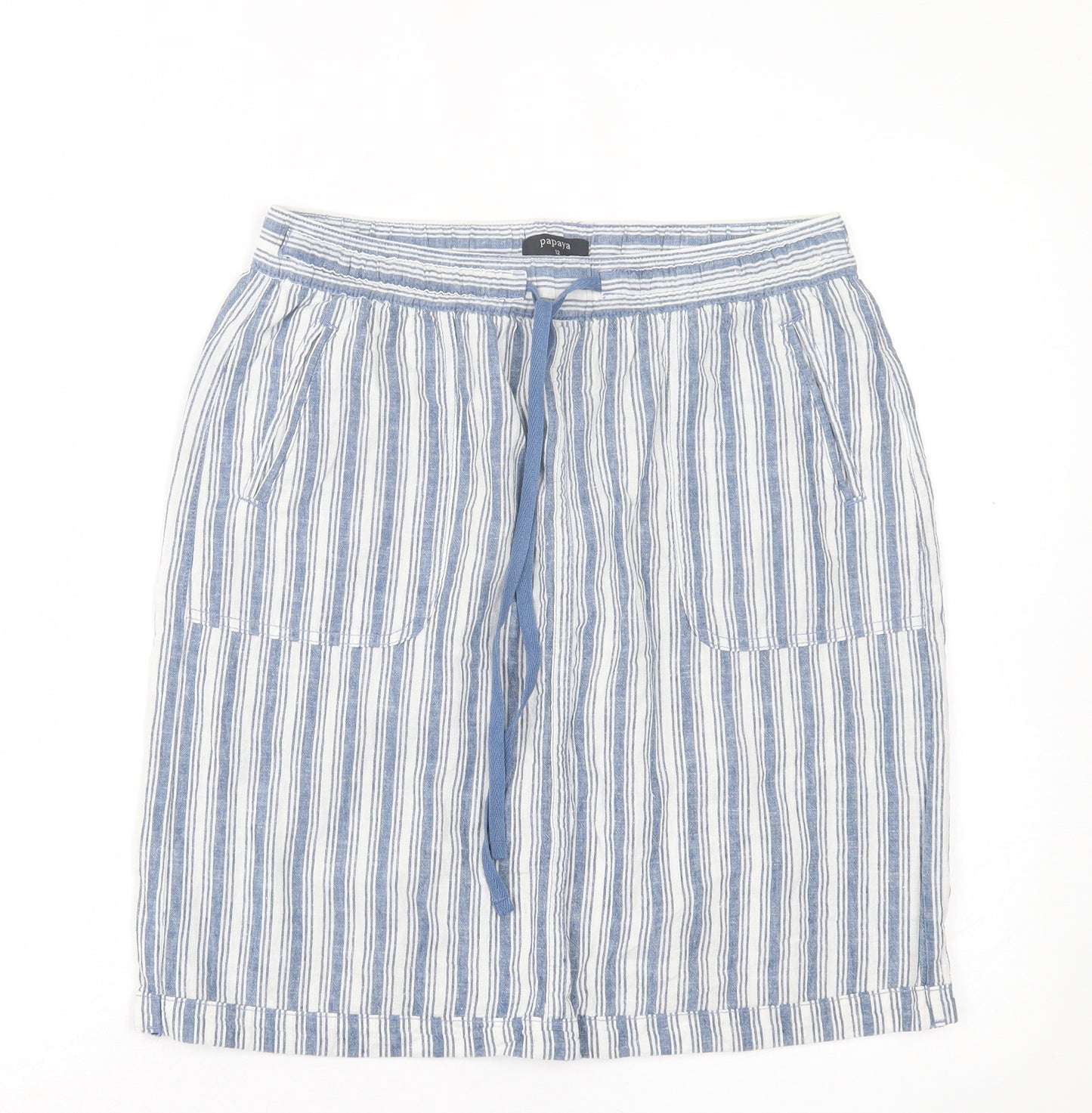 Papaya Womens Blue Striped Linen A-Line Skirt Size 12   Tie